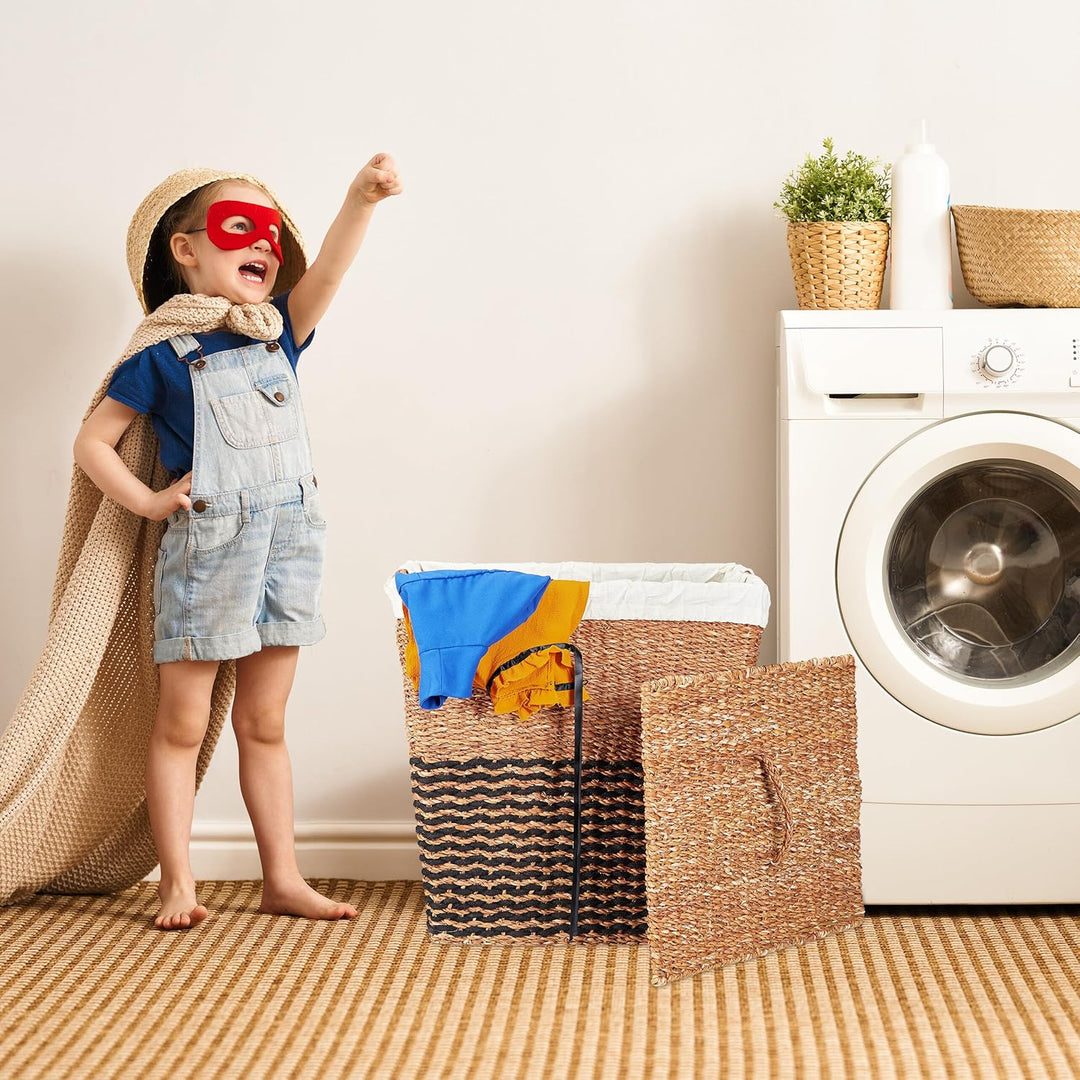 Relaxdays Wäschekorb mit Deckel, aus Seegras, Baumwoll-Wäschesack 87L, HxBxT: 50x50x40 cm, Wäschebeh