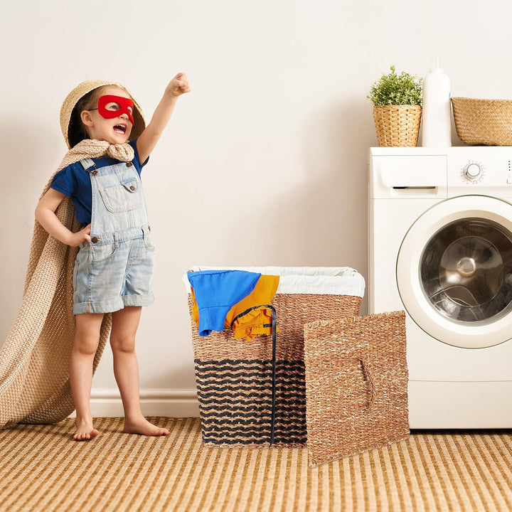 Relaxdays Wäschekorb mit Deckel, aus Seegras, Baumwoll-Wäschesack 87L, HxBxT: 50x50x40 cm, Wäschebeh