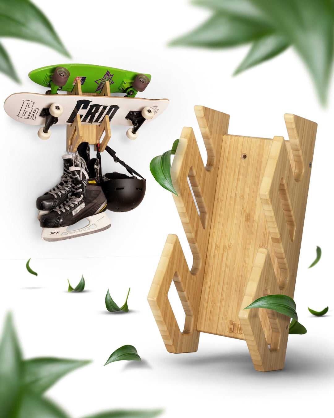 CRID Doppel Skateboard Wandhalterung aus Bambus - Universal Halterung für Skateboard, Longboard, Sno