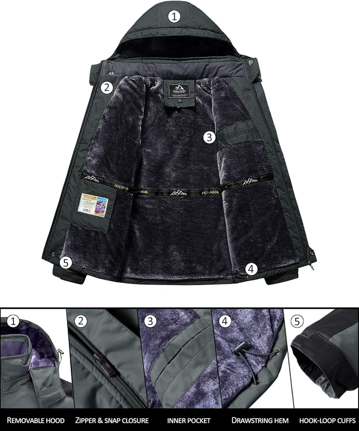 KEFITEVD Herren Winterjacke Wasserabweisende Warm Gefüttert Skijacke Outdoorjacke mit Abnehmbarer Ka