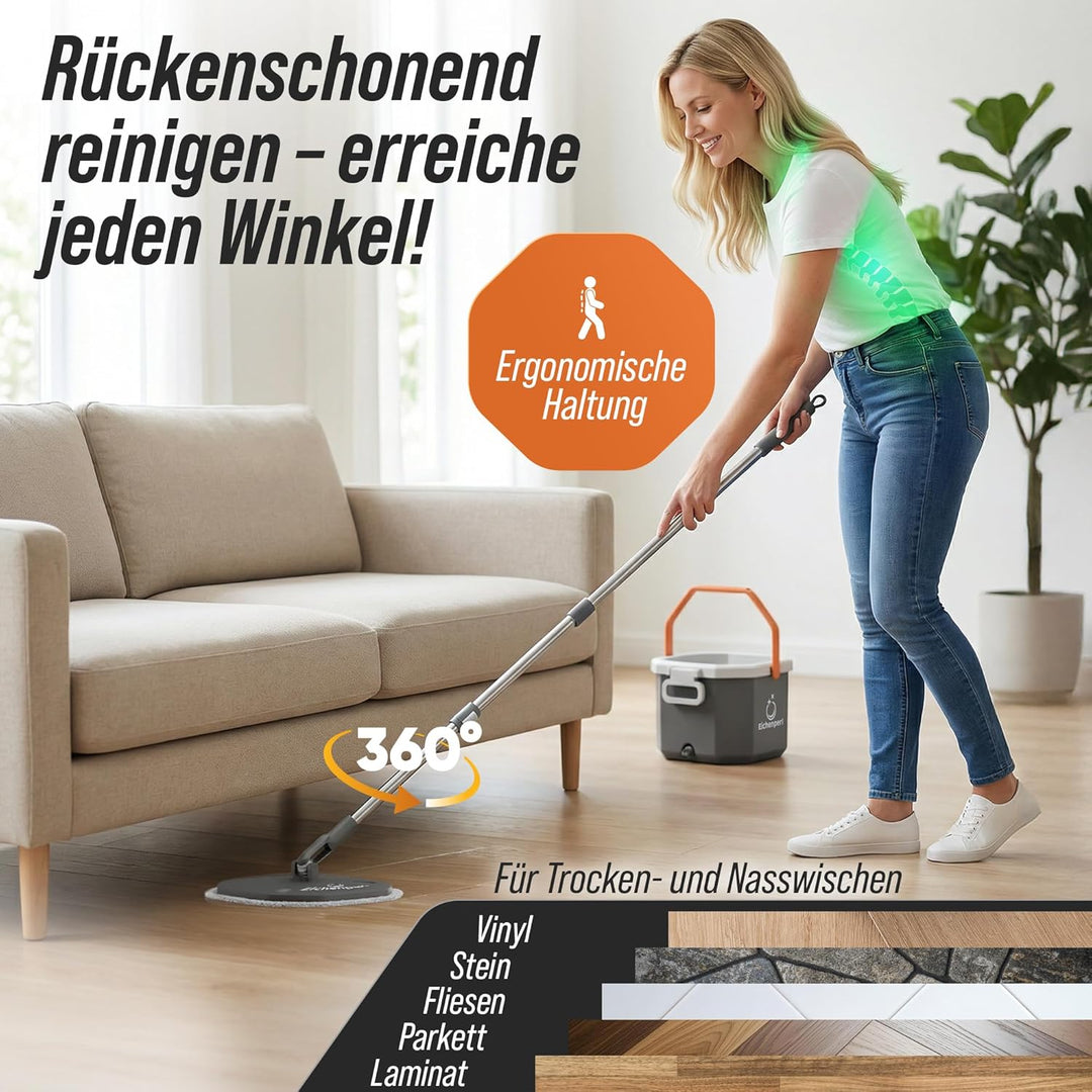 Wischmopp Set mit Eimer, 2-Kammer Wischsystem mit Auswringfunktion, Frisch- & Schmutzwasser Trennung