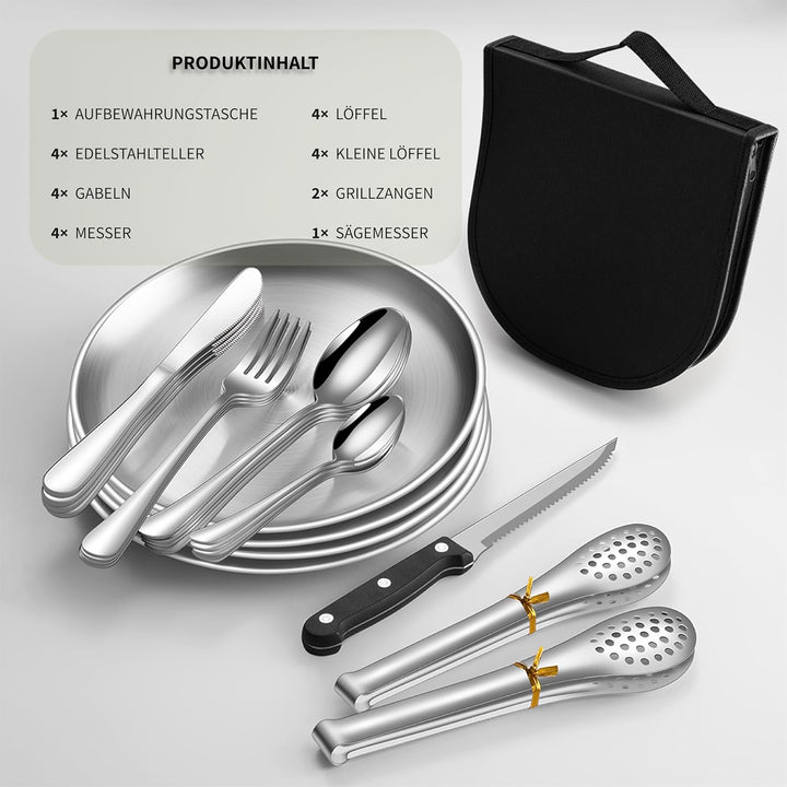 [23-teilig für 4 Personen] Camping Besteckset. Edelstahl-Gabeln, Messer und Löffel. Inklusive tragba