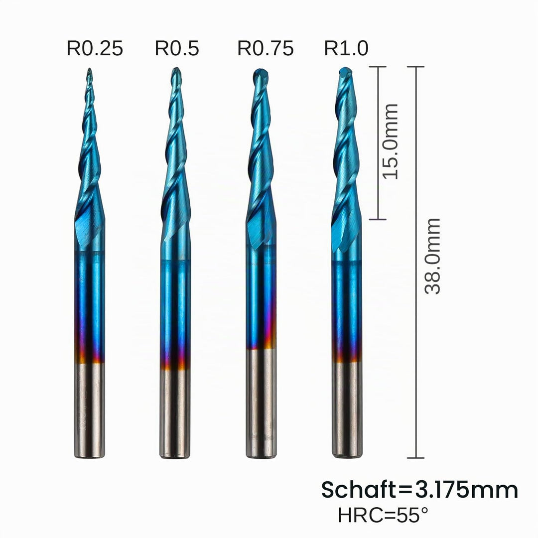 Genmitsu 4 Stück 2-Nuten- Kugelkopffräser mit konischer Spitze, Vollhartmetallfräser mit Nano Blue-B