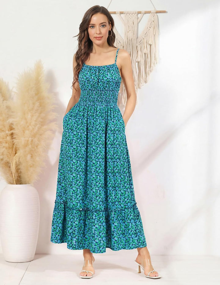 GRACE KARIN Damen Ärmellos Blumenkleid Maxikleid Casual Cami-Kleid Böhmisch Kleid Spaghettiträger Sm