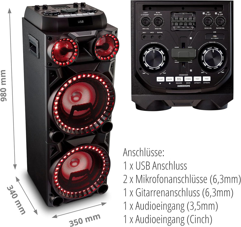 MEDION X64060 Party-Soundsystem (Partylautsprecher, Karaoke DJ und Schlagzeug-Funktion, 2 x 100 W RM