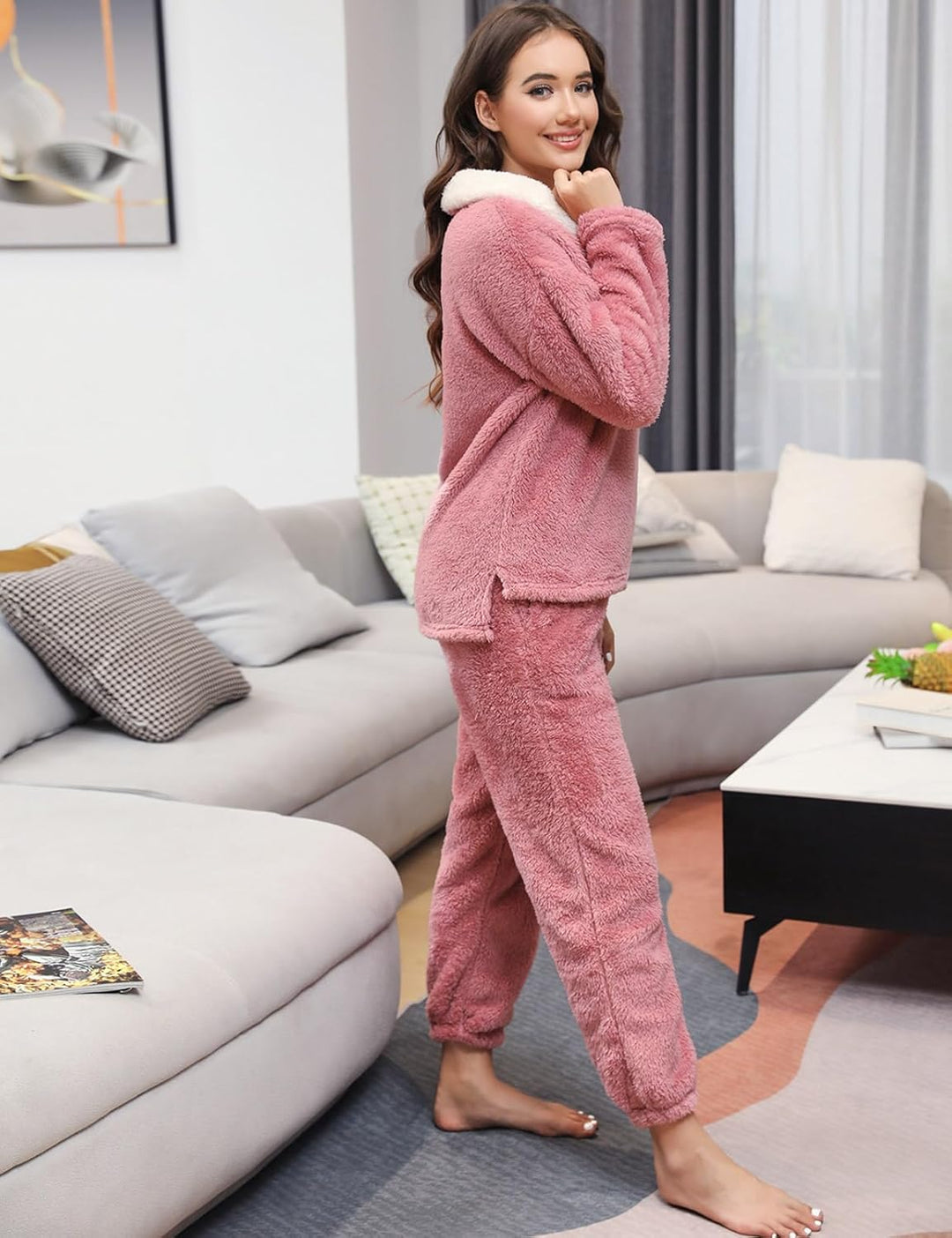 TOMEEK Schlafanzug Damen Winter Thermo Pyjama Set Langarm Fleece Nachtwäsche Set Weicher Warmer Heim