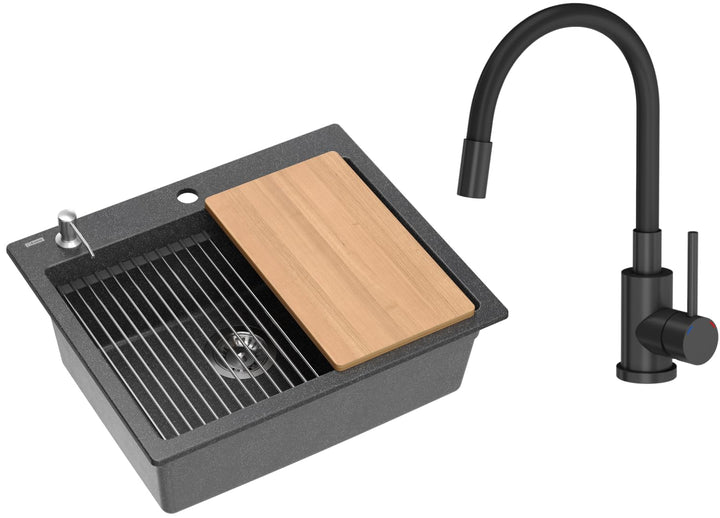 VBChome Set Spülbecken mit Armatur 60 x 50 cm Schwarz Spülmittelspender Siphon Matte Planke Granit S