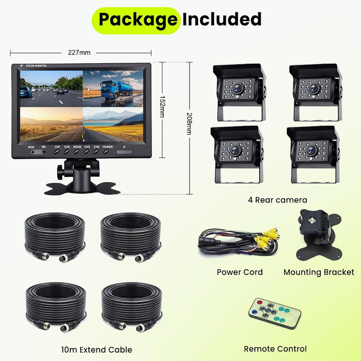 Podofo Vans RV Rückfahrkamera Set, 9 Zoll Monitor 4 Kameras, 4-Geteiltes Display 4-Kanal Video, IP68