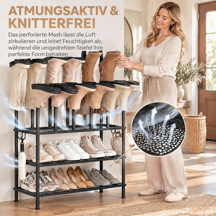 Oak &amp; Tea 2-in-1 Schuhregal Schwarz Metall mit Stiefelhalter–mit kombinierter oder separater Nutzung