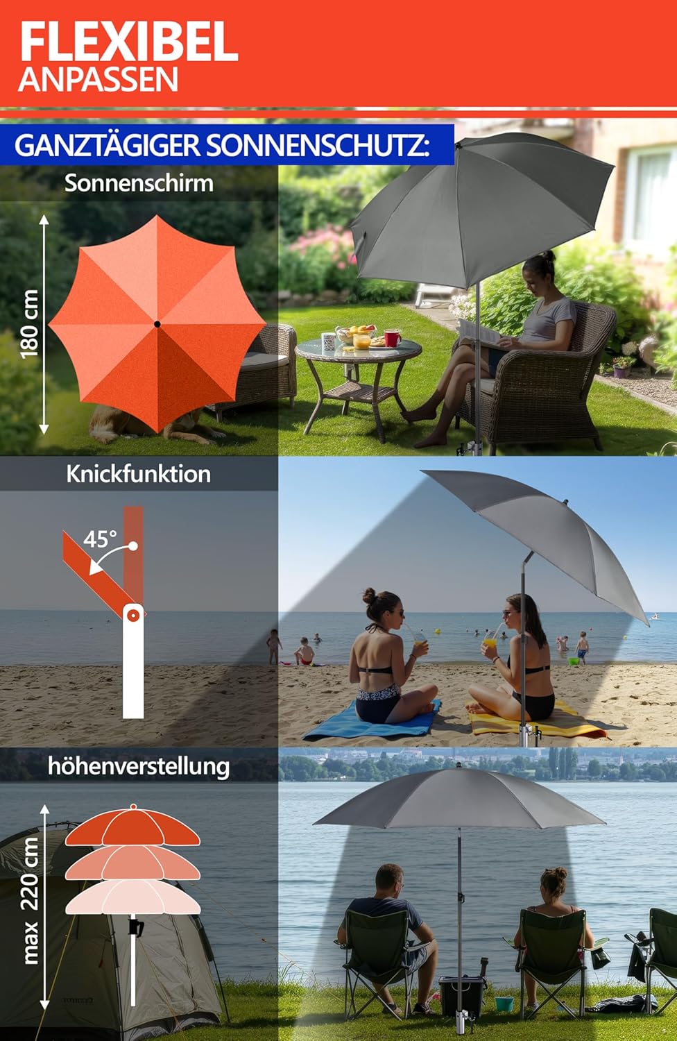 4smile Sonnenschirm Strand Set 3-in-1, Ø 180 cm Strandschirm Windfest Stabil mit Schirmhülle & Eindr