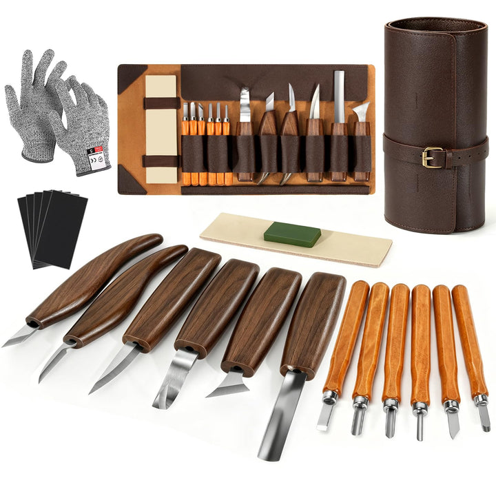 7CDXD Schnitzwerkzeug Set, 17 PCS Holzschnitzwerkzeuge mit Handschuhe, Aufbewahrungstasche und Anspi