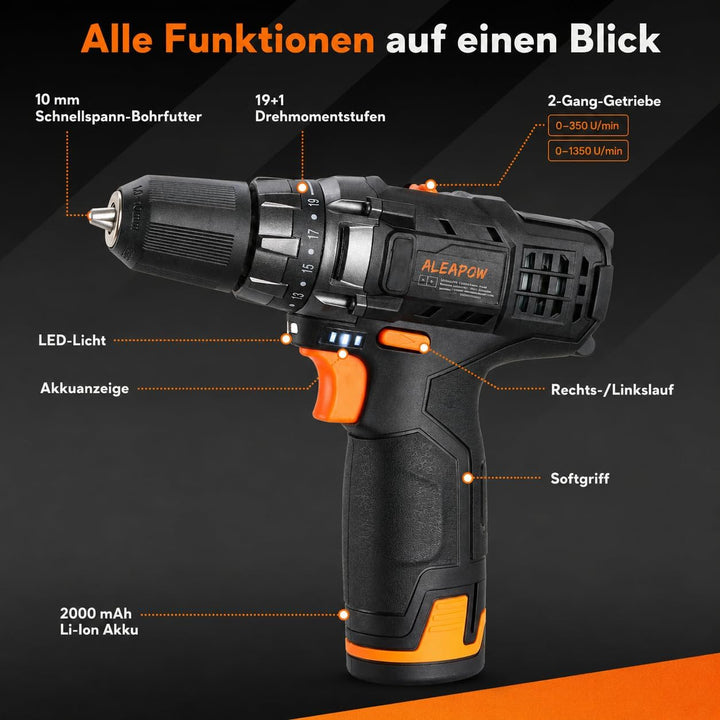 Akku-Bohrschrauber mit hoher Leistung, zwei Gängen, umfangreichem Zubehörset, LED-Licht, Schnelllade