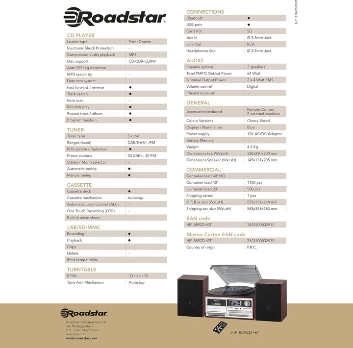 Roadstar HIF-8892 D+BT Stereoanlage (Retro-Musikanlage mit Plattenspieler, CD-Player, DAB+, Bluetoot