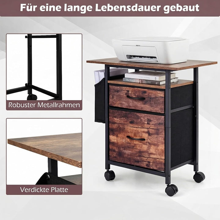 COSTWAY Rollcontainer mit 2 Stoffschubladen &amp; Arbeitsplatte, Vintagebraun