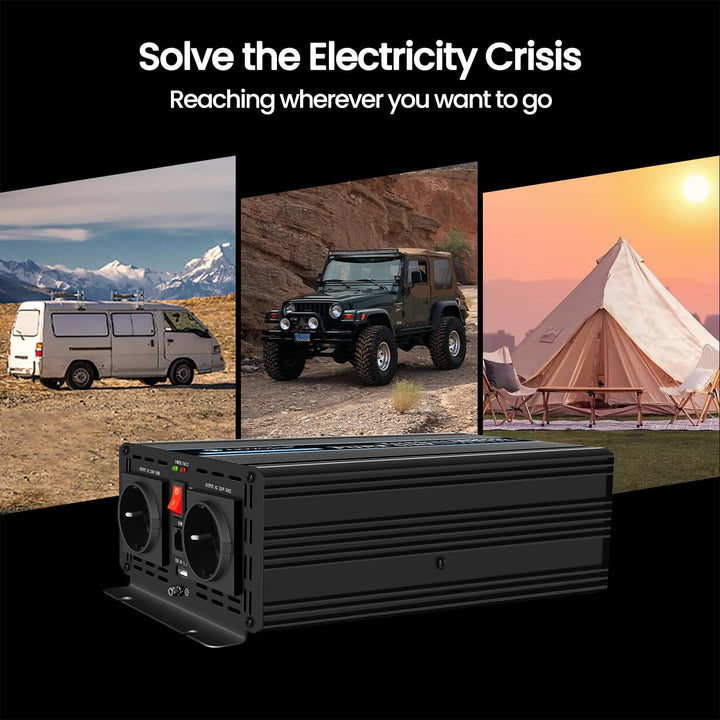 NOVOPAL 1000W Kfz Wechselrichter Spannungswandler -12v 230v Reiner Sinus mit 2 EU Steckdose und USB-