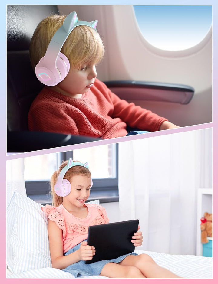 Bluetooth Kopfhörer Kinder,Kabellos Kinder Kopfhörer mit LED-licht Katzenohren und Mikrofon,HD Stere