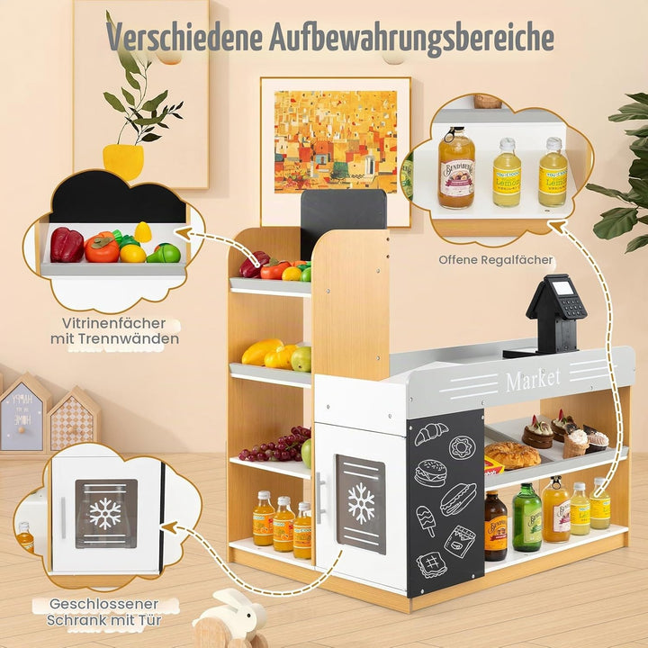 HOMASIS Supermarkt mit Einkaufswagen, Kaufladen mit Kasse, 2 Tafeln, Scanner, VIP-Karte &amp; Rechenmasc