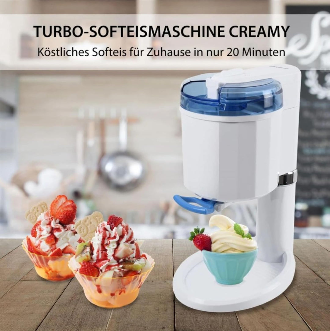 Gino Gelati Softeismaschine Creamy für Zuhause | frisches Softeis selbst machen | 15W | Weiss/Blau |