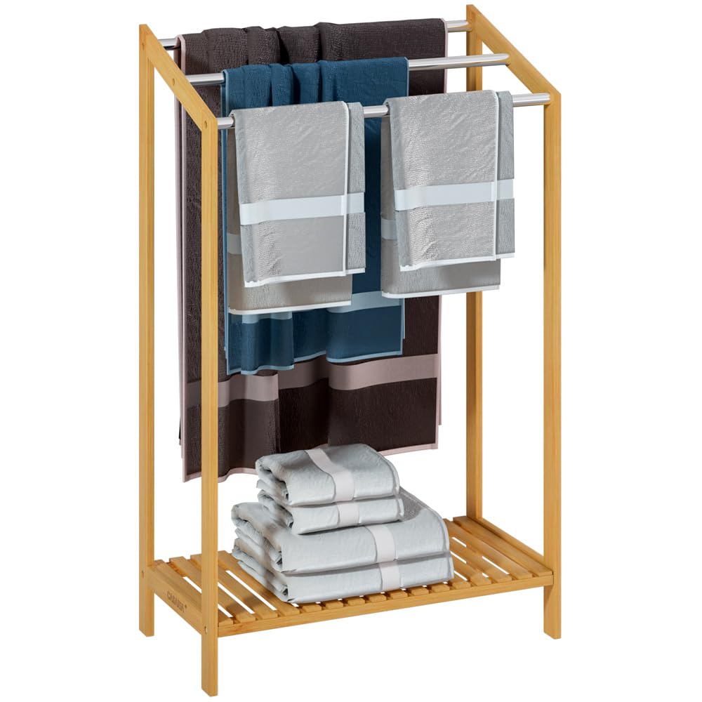 CASARIA® Handtuchhalter Stehend Bambus Holz 3 Edelstahl Stangen 85 x 51 x 31 cm mit Ablage Handtuchs