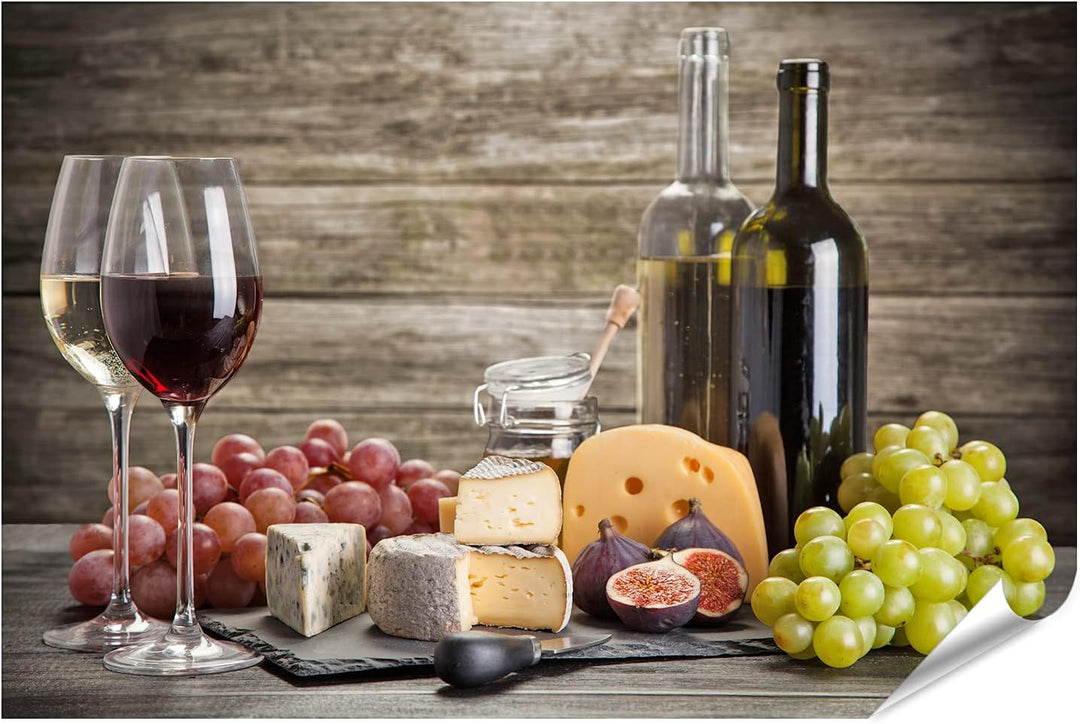 islandburner XXL Bild Poster Wein Käse Stillleben Vor Holzwand Premium Bilder Fotodruck Poster 90x60