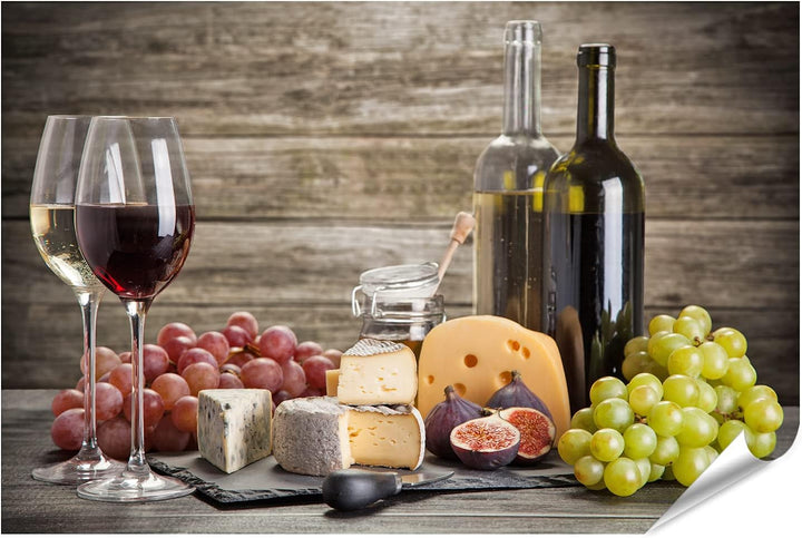 islandburner XXL Bild Poster Wein Käse Stillleben Vor Holzwand Premium Bilder Fotodruck Poster 90x60