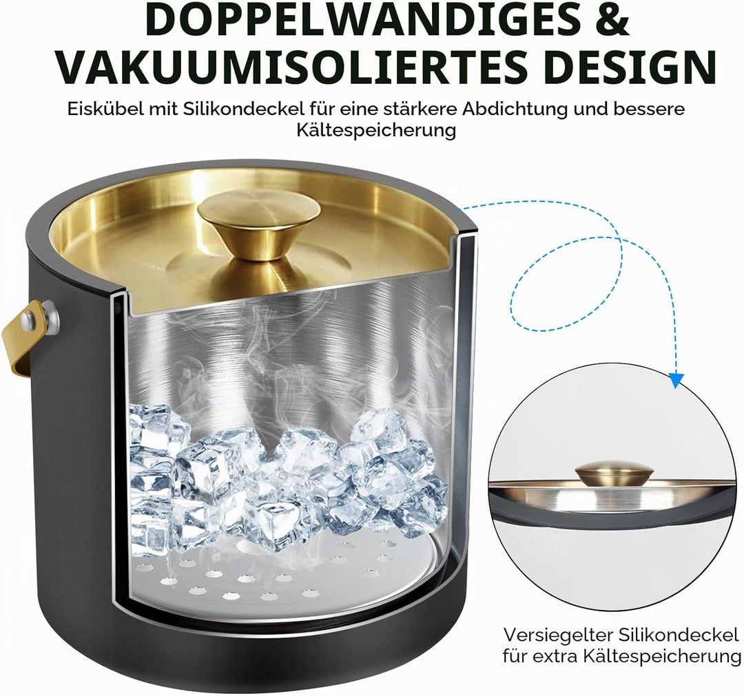 3.2L Moderner isolierter Eiskübel mit Silikondeckel, Schaufel, Sieb, doppelwandiger Eiskübel aus Ede