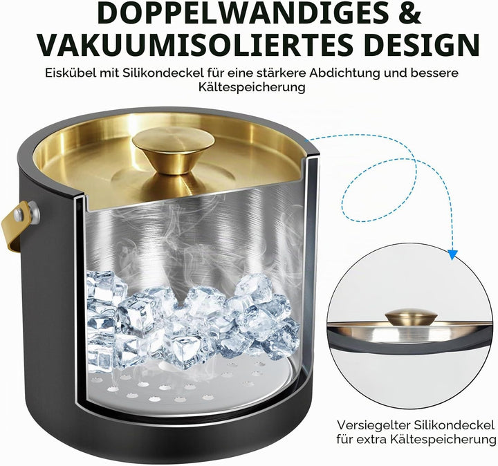 3.2L Moderner isolierter Eiskübel mit Silikondeckel, Schaufel, Sieb, doppelwandiger Eiskübel aus Ede