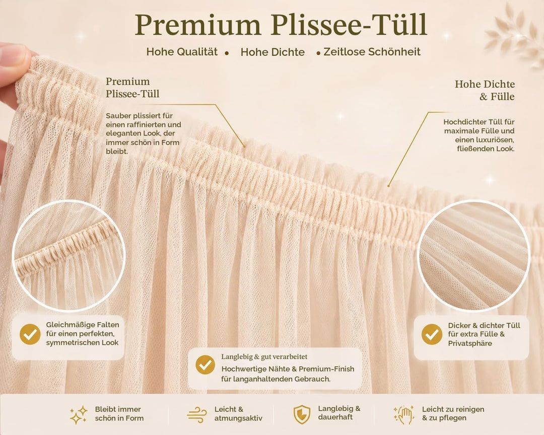 Baby Fancyroom Betthimmel für Hausbett, Bettvorhang aus Tüll, Beige, 2er Set mit Schleifen und Pompo