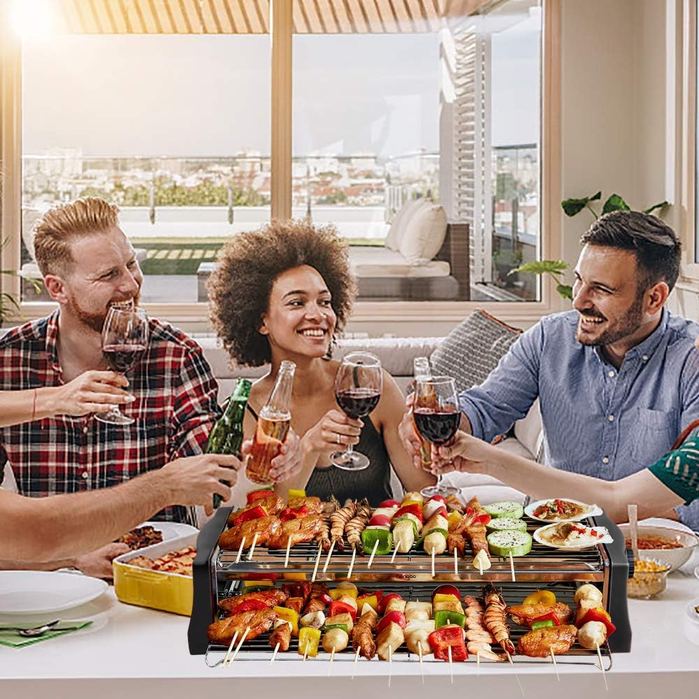 Tischgrill Elektrisch, Elektrogrill Doppelschicht, 2200W Elektro Grill Smokeless BBQ Grill für Balko