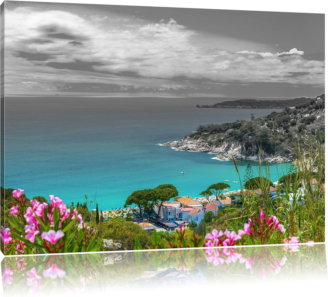 Pixxprint Panorama über die Küste Italiens an der Toskana B&W Detail, Format: 100x70 auf Leinwand, 1