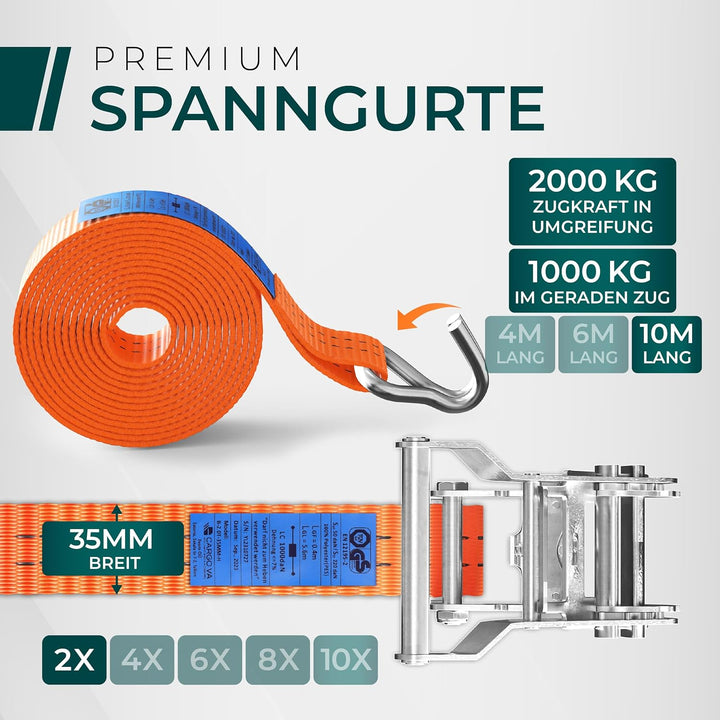 Schwerlast Spanngurte mit Ratsche 2000kg 10M 35MM – TÜV/GS (DIN EN 12195-2) – Zurrgurte mit Haken in