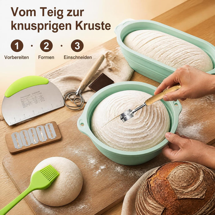 Gärkorb Brot Set,25cm Gärkörbchen zum Brotbacken, Sauerteig Starter Set, Einschliesslich Teigschaber