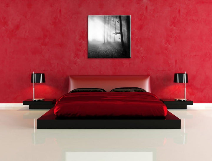 Pixxprint Düsterer Wald im Nebel Schwarz/Weiss, Format: 70x70 auf Leinwand, 70x70