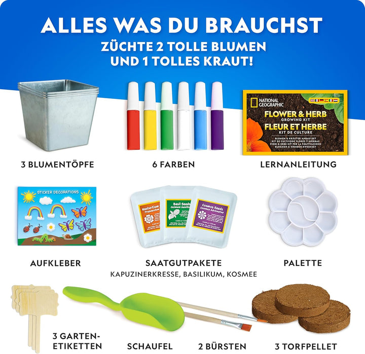 Blue Marble National Geographic Garten-Set für Kinder – Pflanzset mit 3 Edelstahltöpfen, Farben & Au