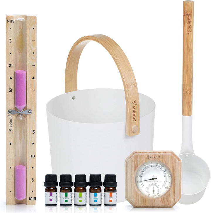 SULENO - Sauna Set KJELL 2 | 9-teilig - Saunakübel, Saunakelle, Klimamesser 2in1, Sanduhr, Saunadüft