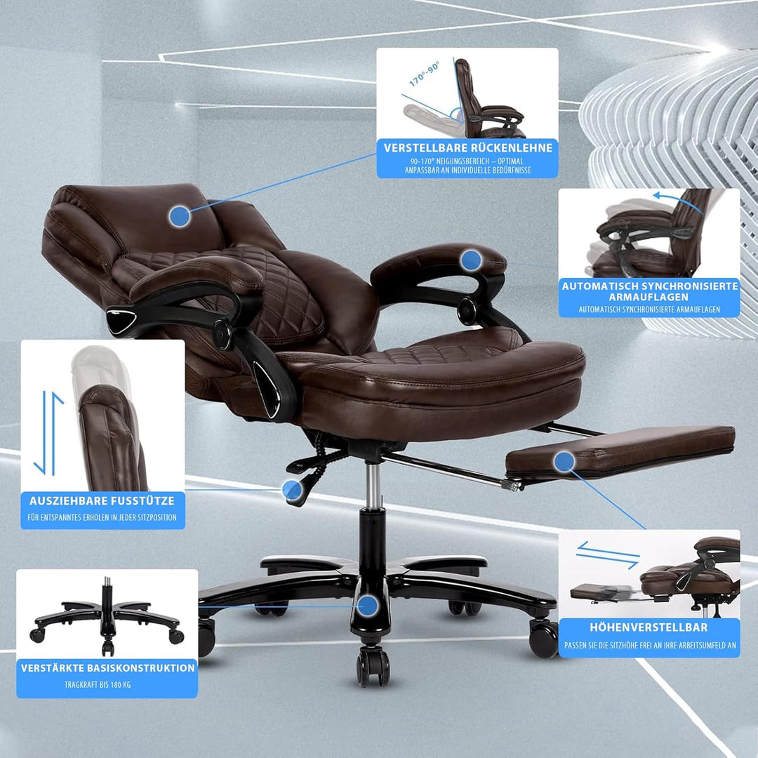 Bosmiller Grosser Chefsessel mit Fussstütze, Office Chair 180kg, Ergonomischer Bürostuhl für Übergrö