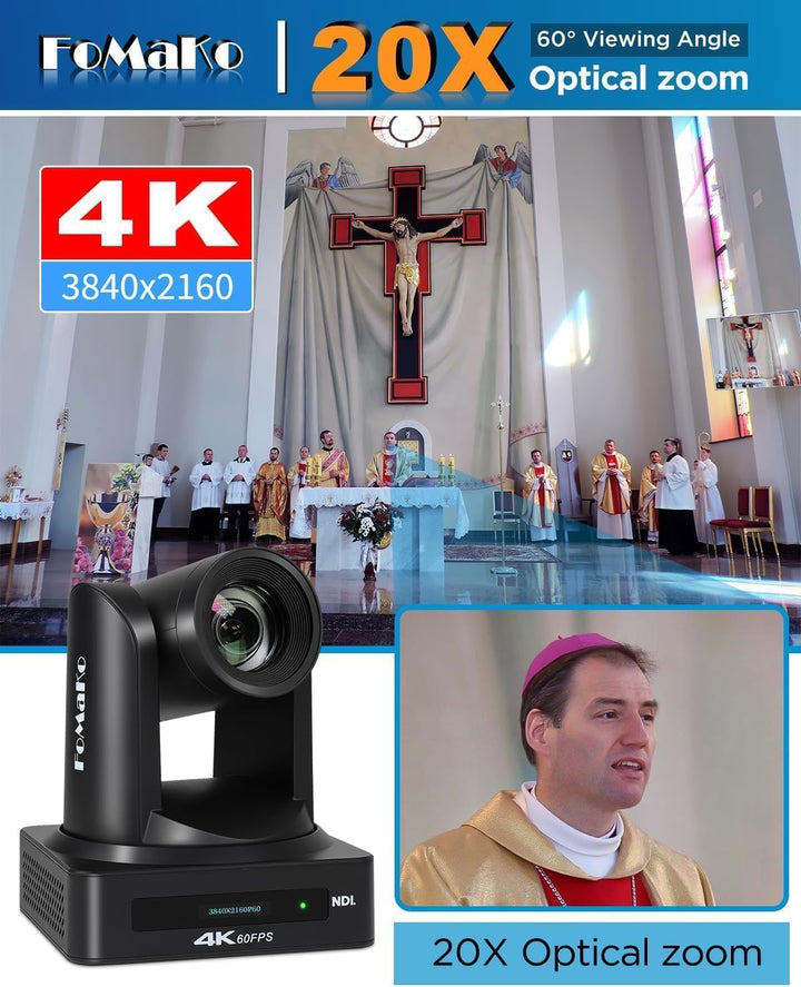 FoMaKo 4K 60FPS NDI HX3 PTZ Kamera, KI-Auto-Tracking, 20x Optischer Zoom NDI-Ausgang 4K@60, mit HDMI