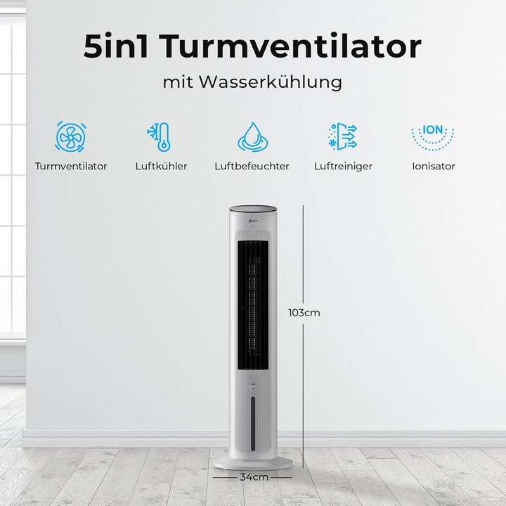 Balter VT-09-WH 5in1 Turmventilator, Ventilator mit Wasserkühlung, Luftkühler, Luftbefeuchter, Luftr