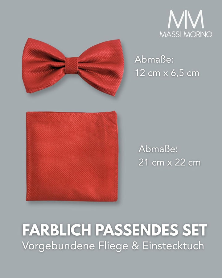 Massi Morino Fliege mit Einstecktuch für Herren Set - Anzug Herrenfliege zur Hochzeit - Verstellbare