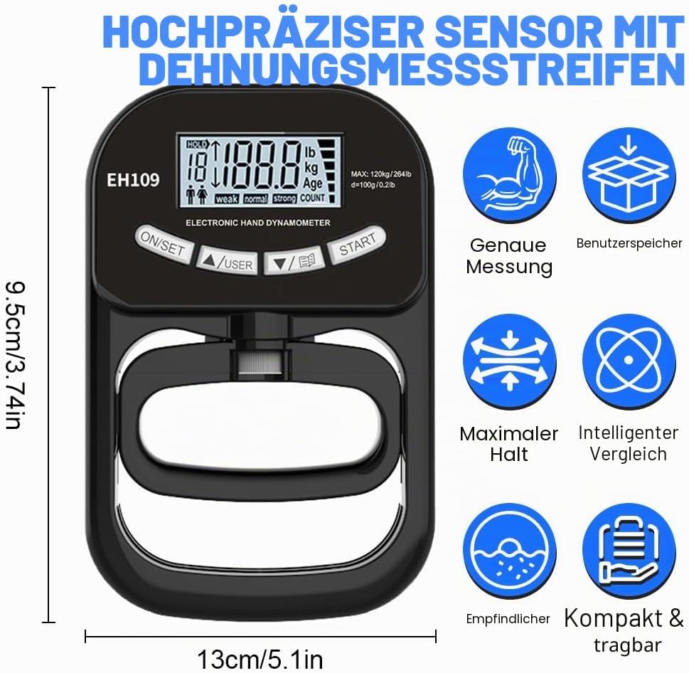 Digitaler Handkraftmessgerät, Elektronischer Hand Dynamometer 180 kg/396 lb mit USB-Ladekabel & LCD-