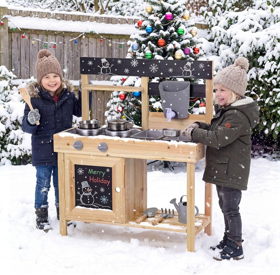 COSTWAY Matschküche Kinder Outdoor, Kinderküche Holz mit Wasserfunktion & Zubehör & Tafeln & 2 abneh