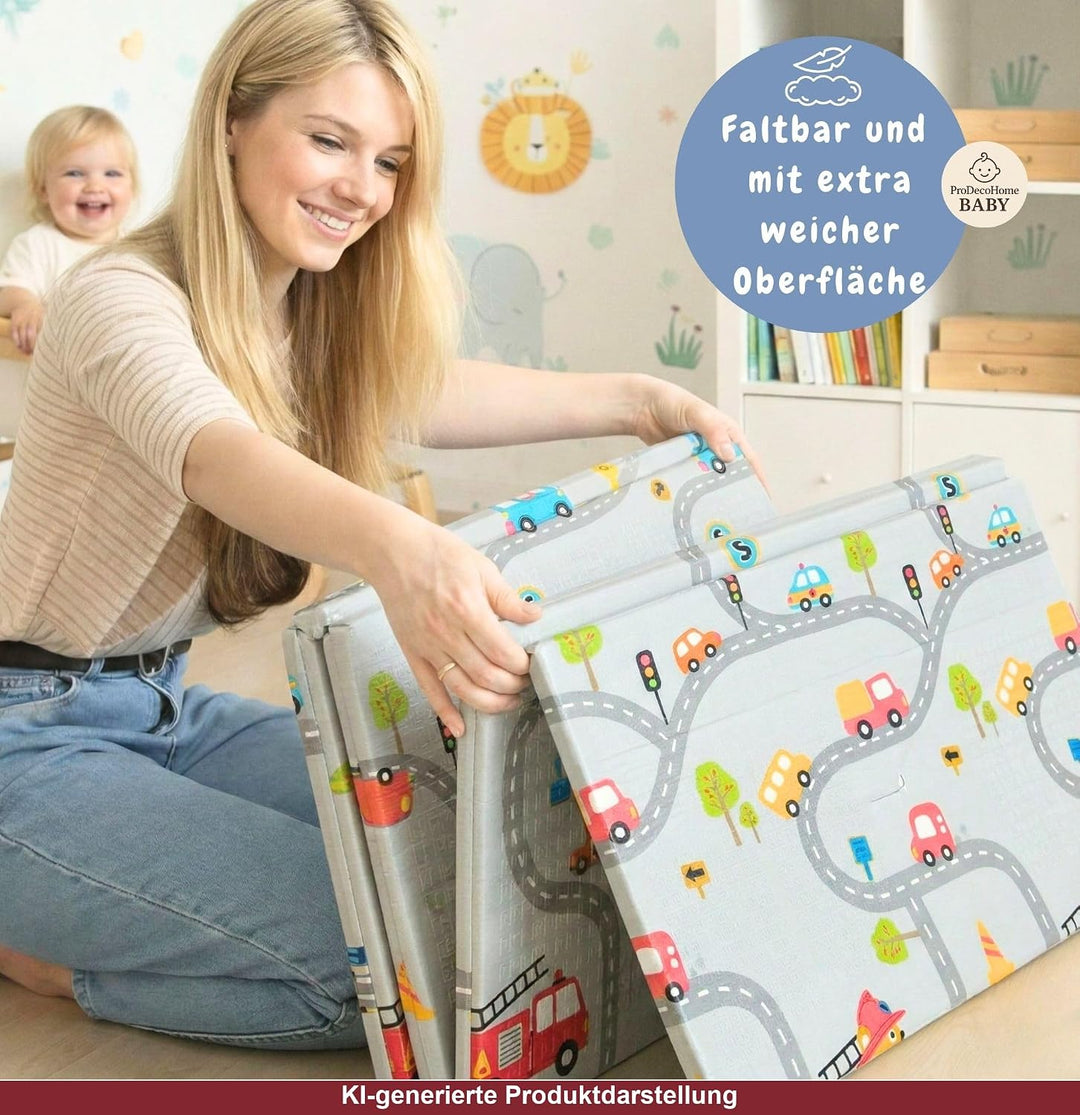 Krabbelmatte Baby, faltbar, doppelseitig, 150x180cm Dinosaurier und Autos | Kinder Spieldecke, Rutsc