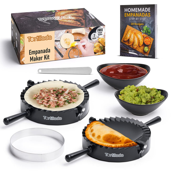 Tortillada – Empanadas Maker Formen 15,5 cm/Empanada Form Presse Set 7 teilig inkl. Rezeptbuch, Dips