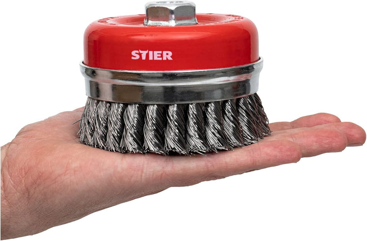 STIER Topfbürste Stahl, gezopfter Draht, für Winkelschleifer, Ø 100 mm, M14, Drahtstärke 0,5 mm, Dra