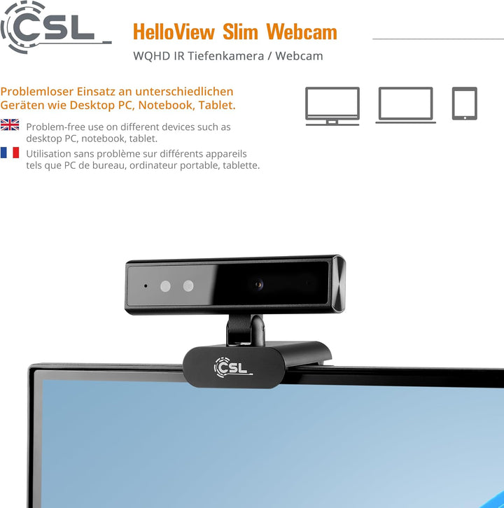 Windows Hello Kamera - CSL HelloView Slim RGB-Webcam, Infrarot-Tiefenkamera, 2560x1440@30Hz, integri