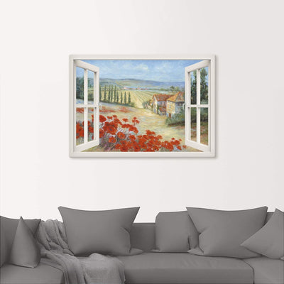 ARTland Leinwandbilder Bild Leinwand Wandbilder 100x70 cm Fensterblick Landschaft Toskana Italien Mo