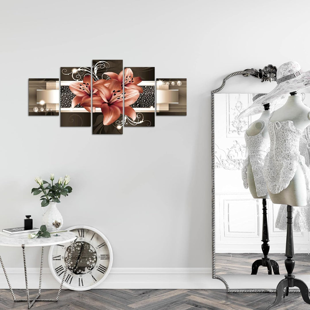 Runa Art Wandbilder Blumen Lilien 5 Teilig Bild auf Vlies Leinwand Deko Wohnzimmer Abstrakt Beige Br