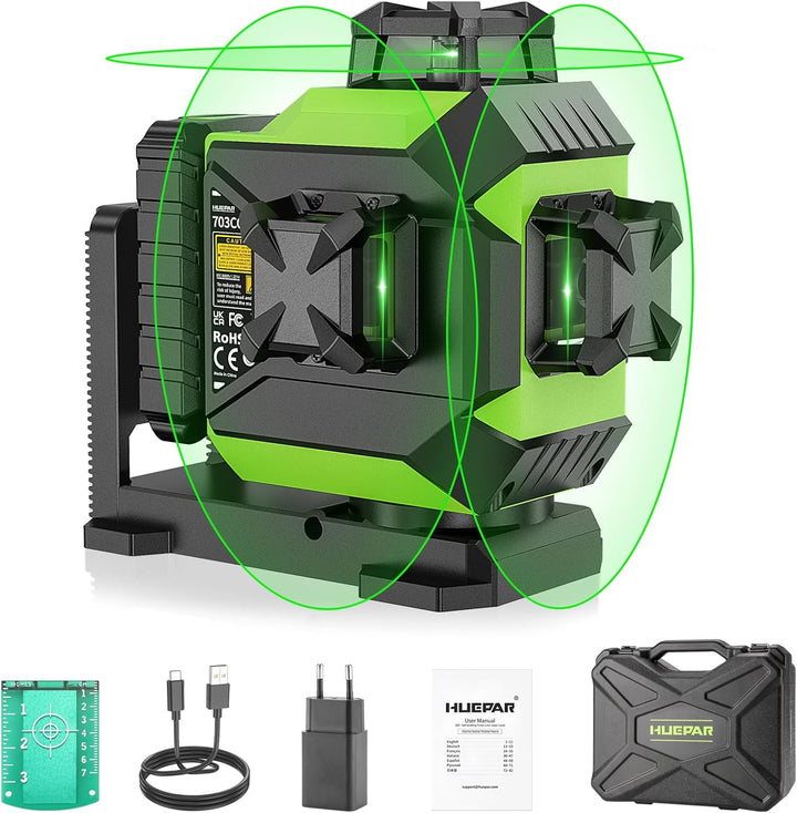 Huepar 360 Kreuzlinienlaser mit 12 Linien Selbst-Nivellierung-Kreuzlinienlaser Nivelliergerät mit 3D
