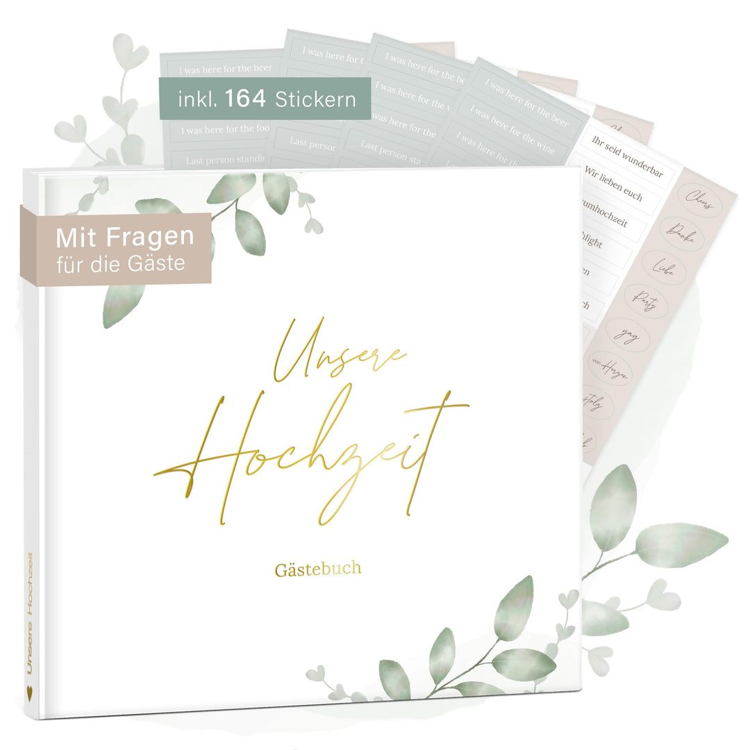 mintkind® Gästebuch Hochzeit zum Ausfüllen Greenery inkl. 4 Stickerbögen | 84 Seiten mit Fragen für