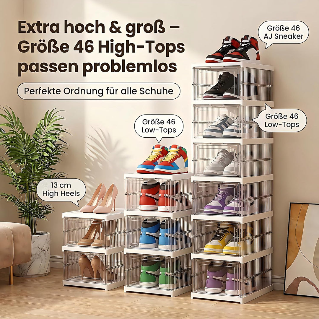 Schuhboxen Stapelbar, 18 Ebenen, Transparent, Faltbar, Dickem Kunststoff, für Sneaker bis Grösse 46,